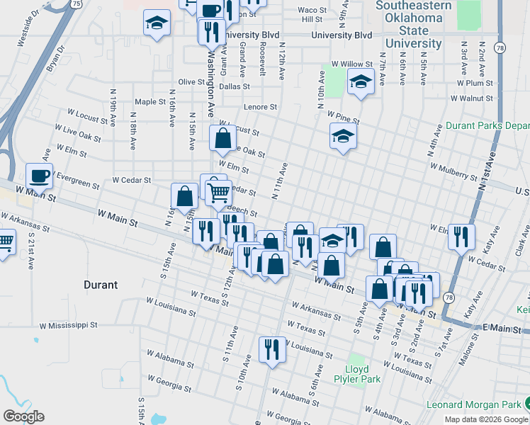 map of restaurants, bars, coffee shops, grocery stores, and more near 301 North 11th Avenue in Durant