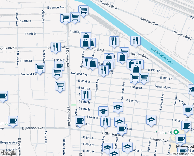 map of restaurants, bars, coffee shops, grocery stores, and more near 3598 Fruitland Avenue in Maywood