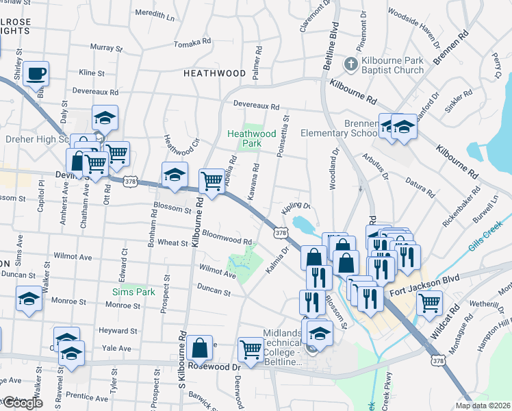 map of restaurants, bars, coffee shops, grocery stores, and more near 709 Poinsettia Street in Columbia