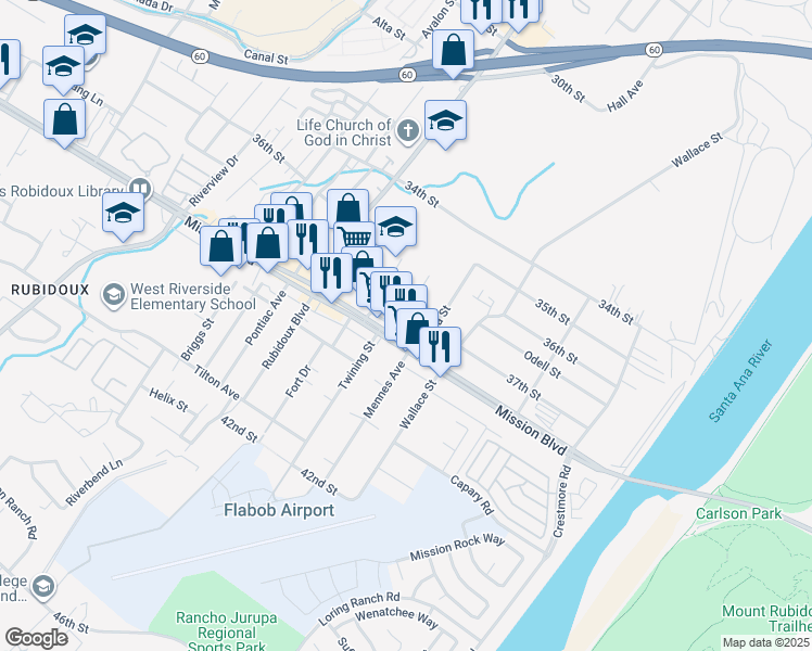 map of restaurants, bars, coffee shops, grocery stores, and more near 3752 Mintern Street in Riverside