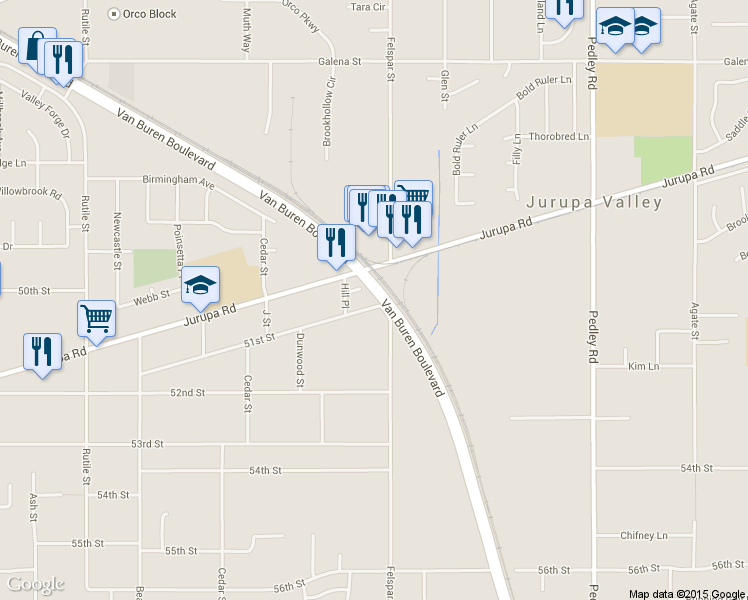 map of restaurants, bars, coffee shops, grocery stores, and more near 9231 51st Street in Riverside