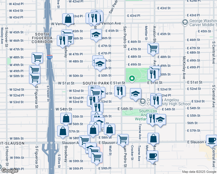 map of restaurants, bars, coffee shops, grocery stores, and more near 5117 Wall Street in Los Angeles