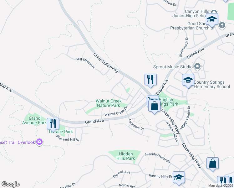 map of restaurants, bars, coffee shops, grocery stores, and more near 1894 Berryhill Drive in Chino Hills