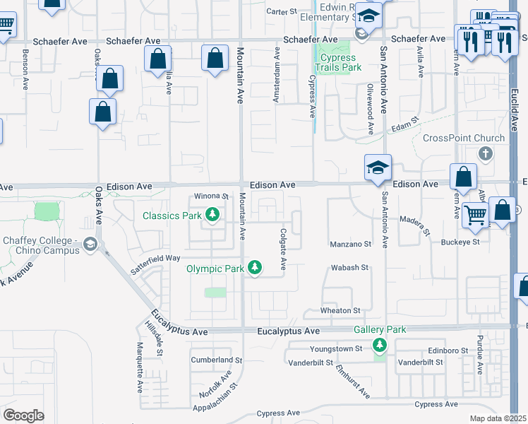 map of restaurants, bars, coffee shops, grocery stores, and more near 14177 Frostburg Avenue in Chino