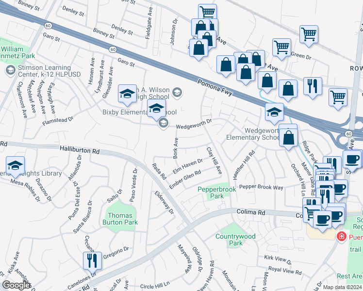 map of restaurants, bars, coffee shops, grocery stores, and more near 16513 Flower Glen Drive in Hacienda Heights