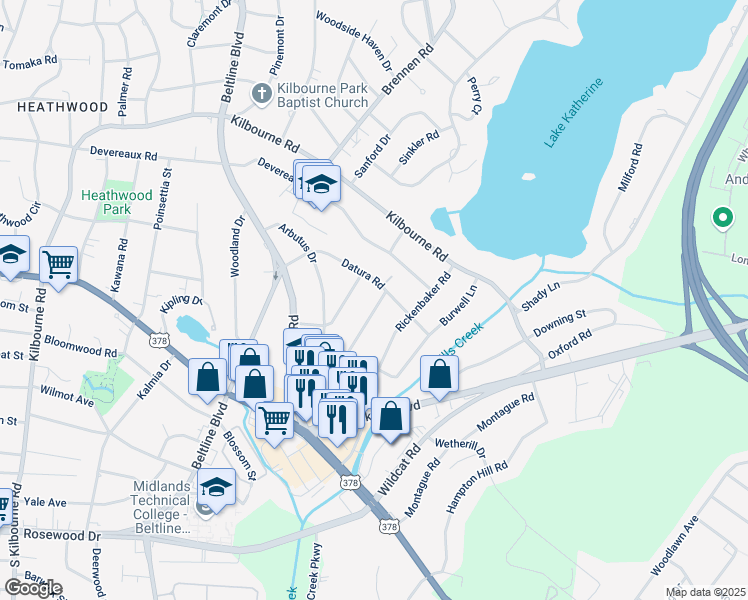 map of restaurants, bars, coffee shops, grocery stores, and more near 819 Buckingham Road in Columbia