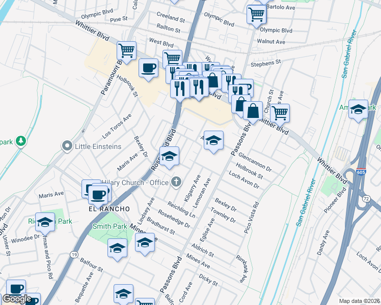map of restaurants, bars, coffee shops, grocery stores, and more near 3202 Loch Avon Drive in Pico Rivera