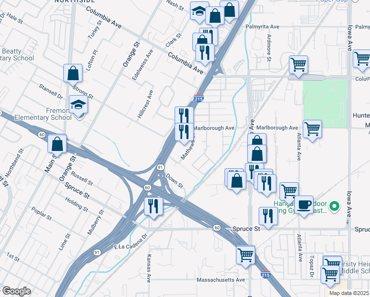 map of restaurants, bars, coffee shops, grocery stores, and more near 1711 Mathews Street in Riverside