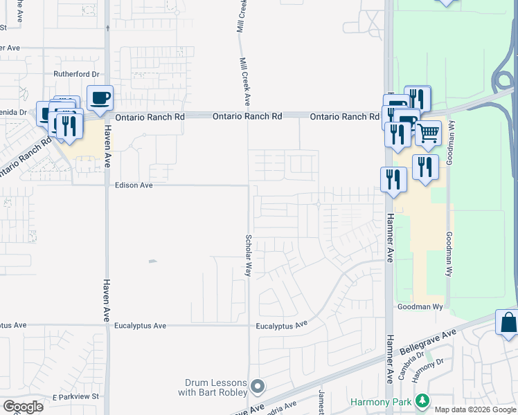 map of restaurants, bars, coffee shops, grocery stores, and more near South Laguna Avenue in Ontario