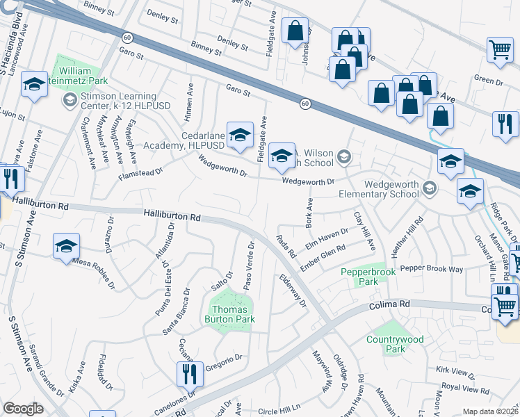 map of restaurants, bars, coffee shops, grocery stores, and more near 1724 Fieldgate Avenue in Hacienda Heights