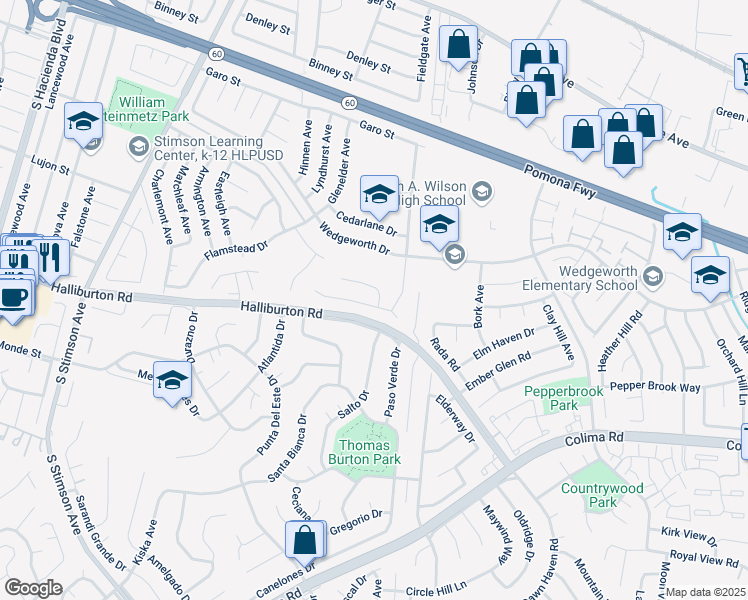 map of restaurants, bars, coffee shops, grocery stores, and more near 16391 Ladysmith Street in La Puente
