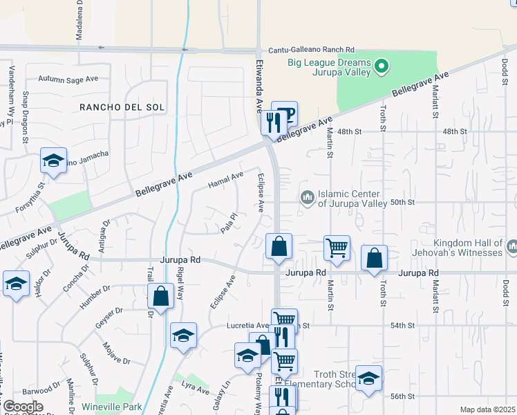 map of restaurants, bars, coffee shops, grocery stores, and more near 5011 Eclipse Avenue in Jurupa Valley