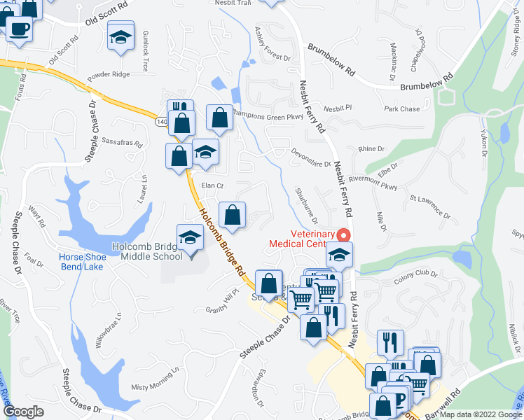 map of restaurants, bars, coffee shops, grocery stores, and more near 825 Holcombs Pond Court in Alpharetta