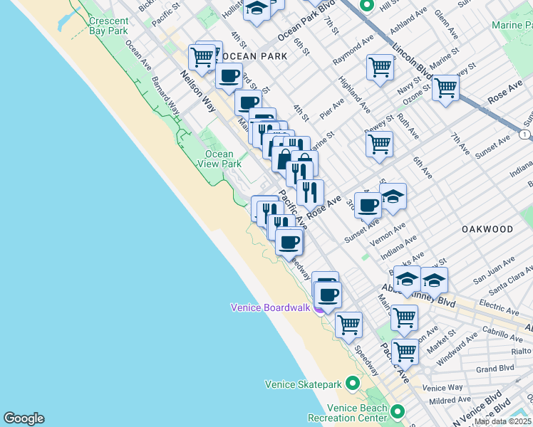 map of restaurants, bars, coffee shops, grocery stores, and more near 22 Navy Court in Los Angeles