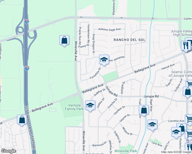 map of restaurants, bars, coffee shops, grocery stores, and more near 5005 Violas Court in Jurupa Valley