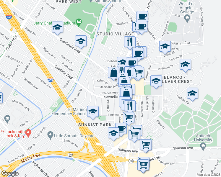 map of restaurants, bars, coffee shops, grocery stores, and more near 5412 Janisann Avenue in Culver City