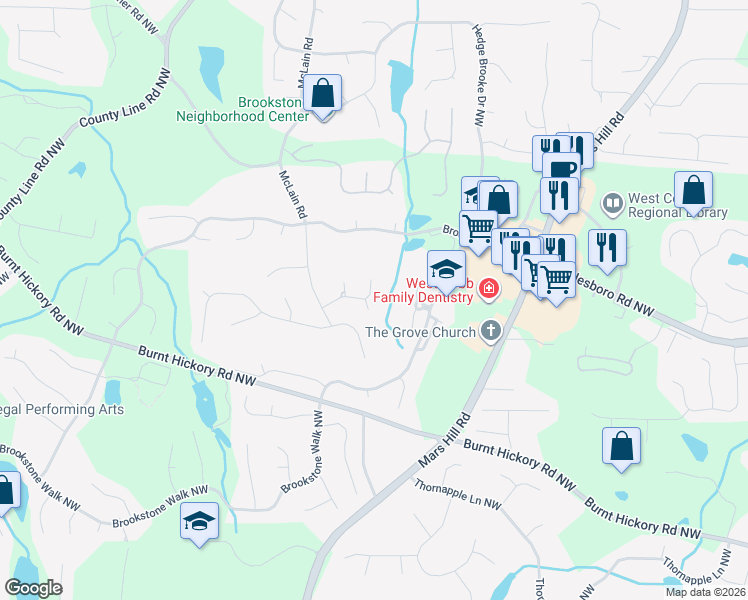 map of restaurants, bars, coffee shops, grocery stores, and more near 1690 Brookgreen View Northwest in Acworth