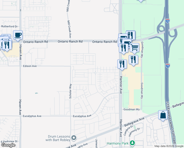 map of restaurants, bars, coffee shops, grocery stores, and more near 4255 South Hermosa Paseo in Ontario