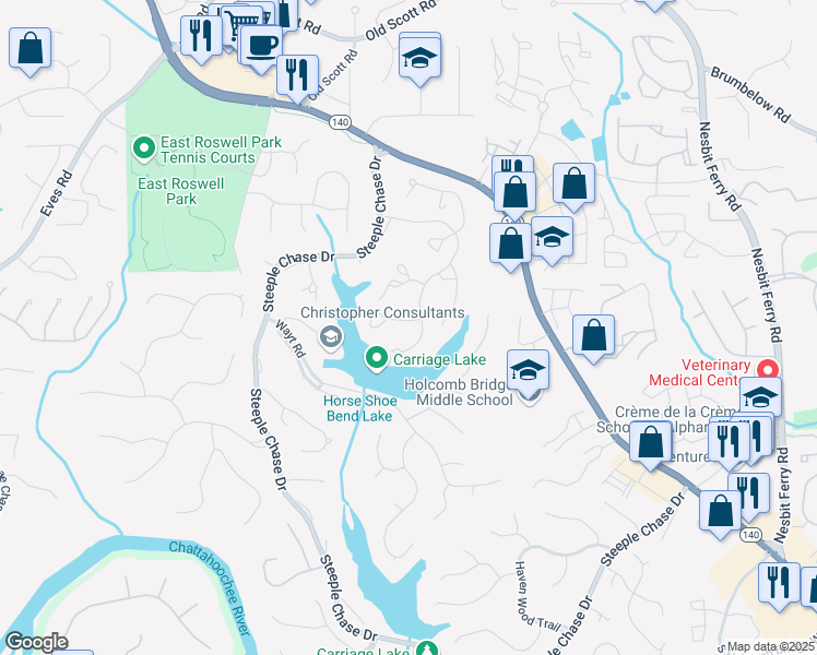 map of restaurants, bars, coffee shops, grocery stores, and more near 420 Sassafras Lane in Roswell