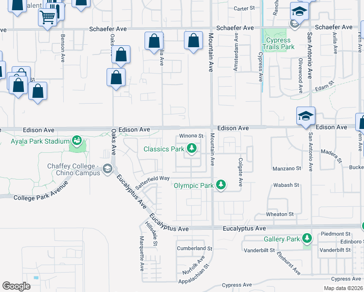 map of restaurants, bars, coffee shops, grocery stores, and more near 6161 Athena Street in Chino