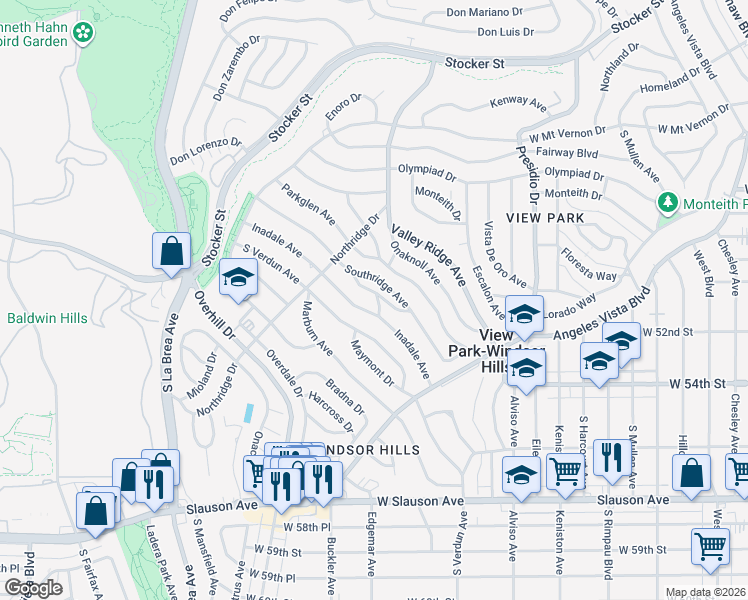 map of restaurants, bars, coffee shops, grocery stores, and more near 5069 Inaglen Way in View Park-Windsor Hills