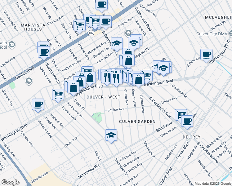 map of restaurants, bars, coffee shops, grocery stores, and more near 4126 Neosho Avenue in Los Angeles