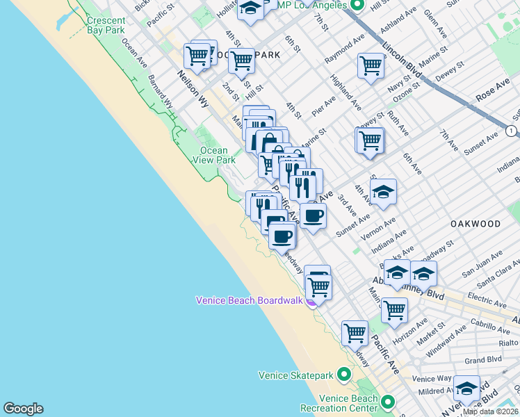map of restaurants, bars, coffee shops, grocery stores, and more near 22 Navy Court in Los Angeles