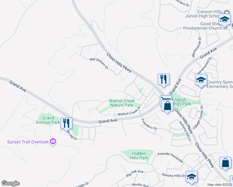 map of restaurants, bars, coffee shops, grocery stores, and more near 1825 Berryhill Drive in Chino Hills
