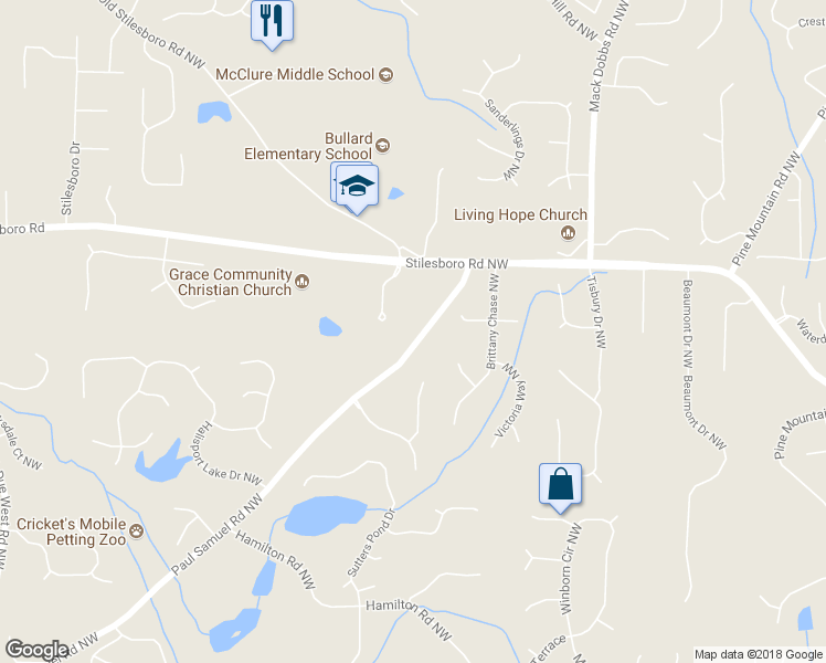 map of restaurants, bars, coffee shops, grocery stores, and more near 3570 Paul Samuel Road Northwest in Kennesaw