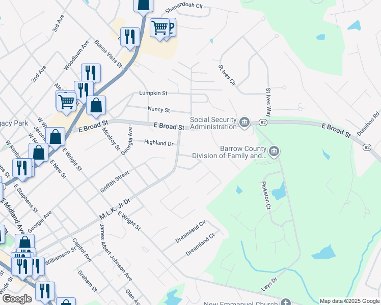map of restaurants, bars, coffee shops, grocery stores, and more near 236 Rutledge Drive in Winder