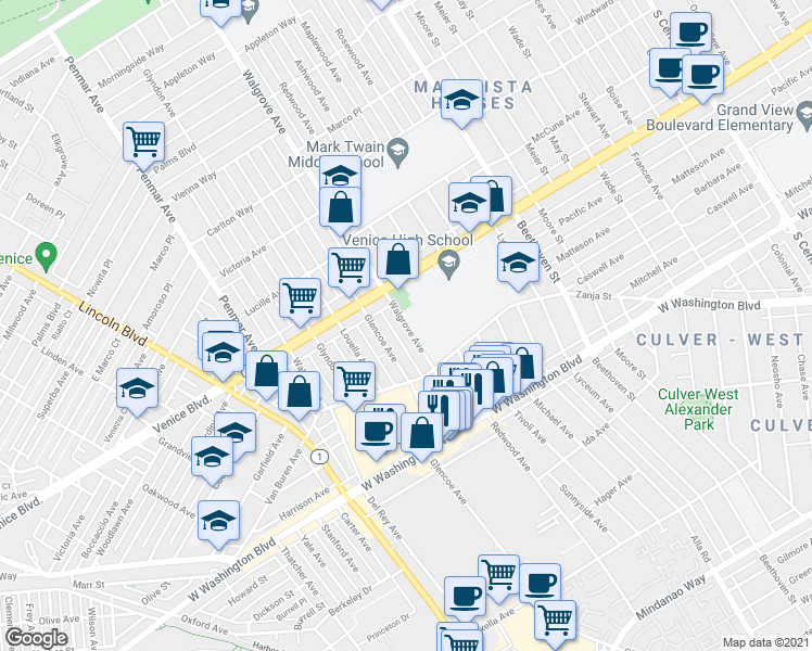 map of restaurants, bars, coffee shops, grocery stores, and more near 2445 Walgrove Ave in Los Angeles