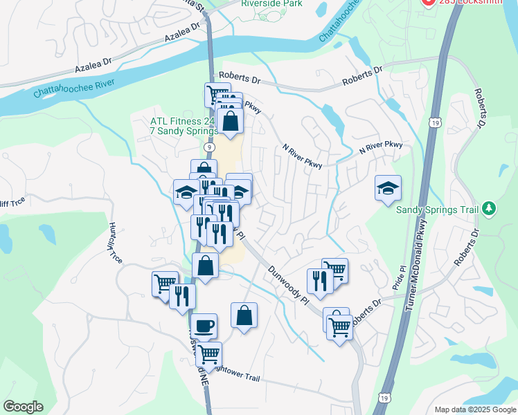 map of restaurants, bars, coffee shops, grocery stores, and more near 165 North River Drive in Atlanta