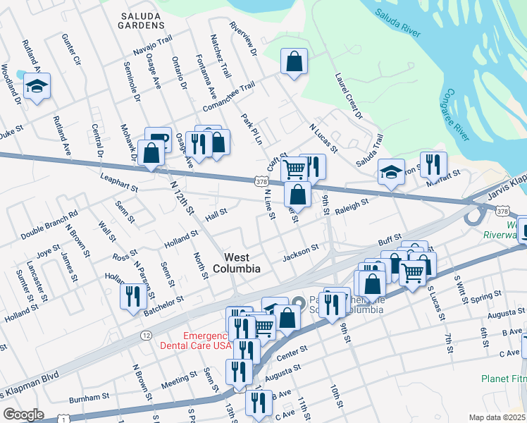 map of restaurants, bars, coffee shops, grocery stores, and more near 950 Hoover Street in West Columbia