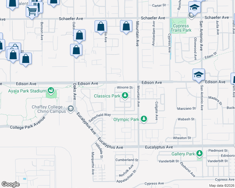 map of restaurants, bars, coffee shops, grocery stores, and more near 6161 Athena Street in Chino