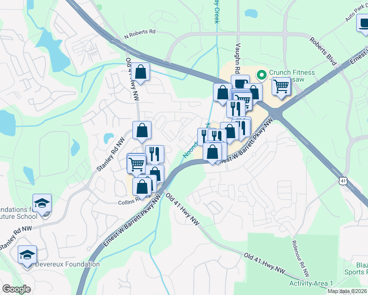 map of restaurants, bars, coffee shops, grocery stores, and more near 170 Hood Parkway Northwest in Kennesaw