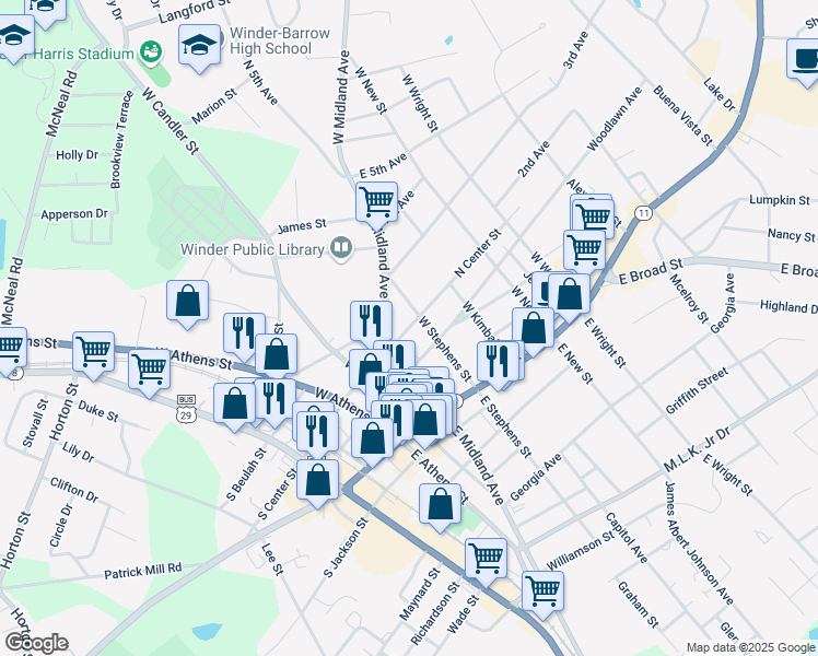 map of restaurants, bars, coffee shops, grocery stores, and more near 102 North Center Street in Winder