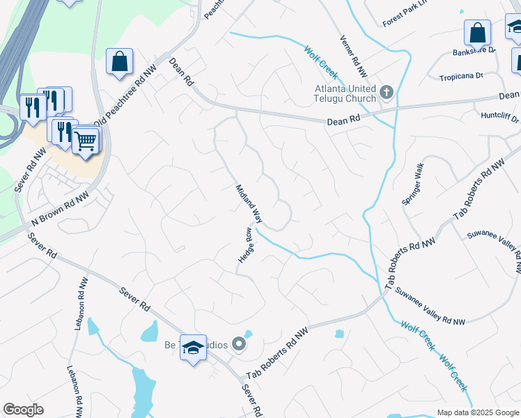map of restaurants, bars, coffee shops, grocery stores, and more near 2100 Sandown Court in Lawrenceville