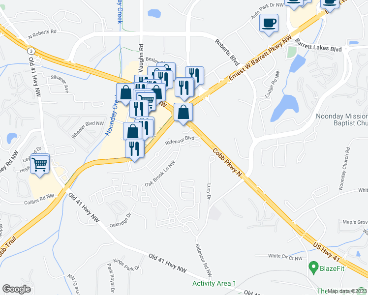 map of restaurants, bars, coffee shops, grocery stores, and more near 1798 Oakbrook Lane Northwest in Kennesaw