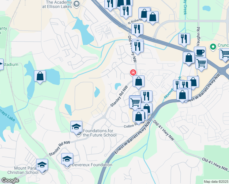 map of restaurants, bars, coffee shops, grocery stores, and more near 1713 Stanwood Drive Northwest in Kennesaw