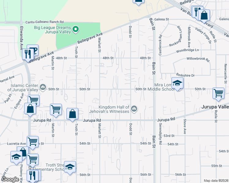 map of restaurants, bars, coffee shops, grocery stores, and more near 10402 50th Street in Jurupa Valley