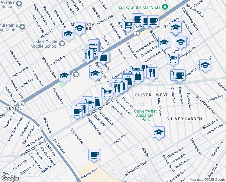 map of restaurants, bars, coffee shops, grocery stores, and more near 3978 1/2 Beethoven Street in Los Angeles