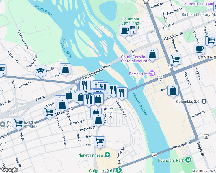 map of restaurants, bars, coffee shops, grocery stores, and more near 2001 Meeting Street in West Columbia