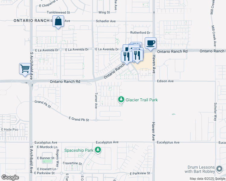 map of restaurants, bars, coffee shops, grocery stores, and more near 3226 East Mount Rainier Drive in Ontario
