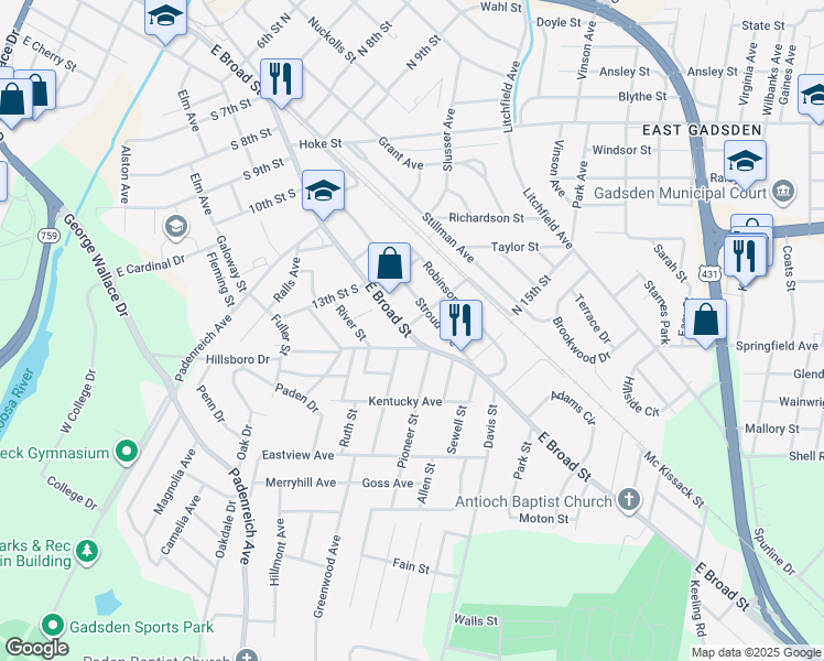 map of restaurants, bars, coffee shops, grocery stores, and more near 101 14th Street North in Gadsden