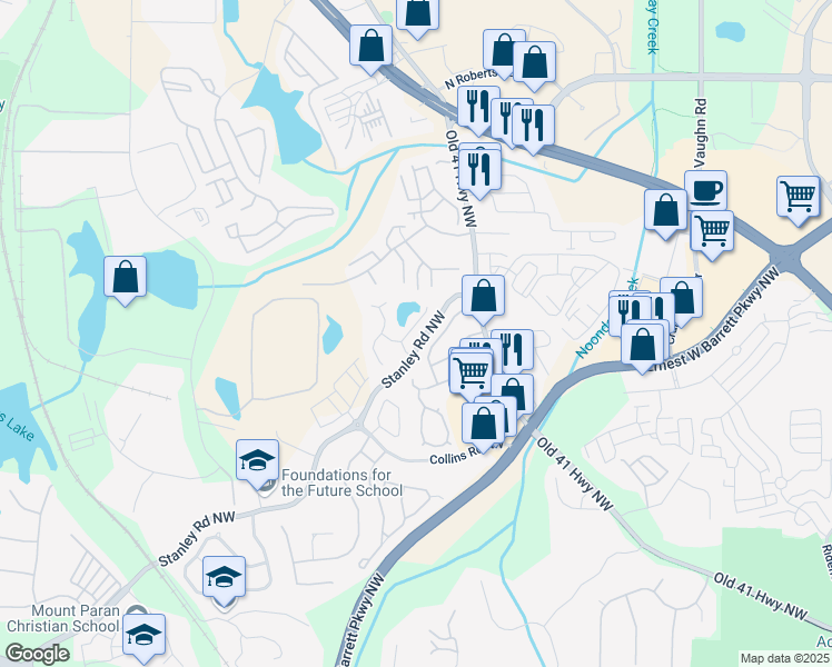 map of restaurants, bars, coffee shops, grocery stores, and more near 1728 Stanwood Drive Northwest in Kennesaw