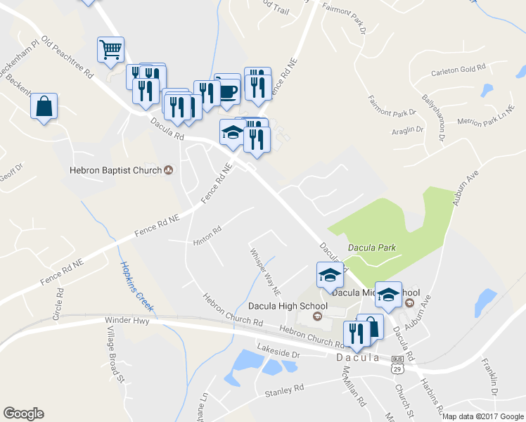 map of restaurants, bars, coffee shops, grocery stores, and more near 2485 Hinton Road in Dacula