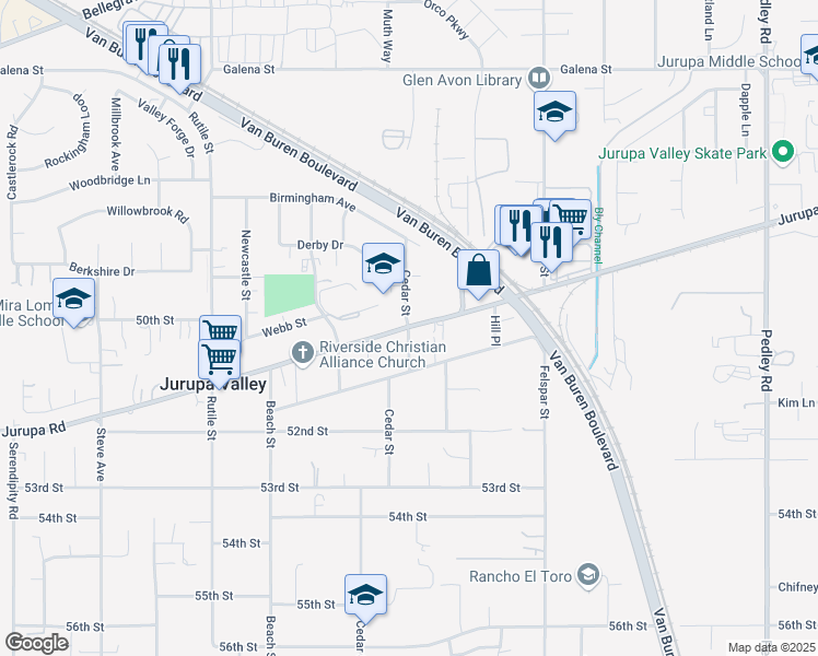 map of restaurants, bars, coffee shops, grocery stores, and more near 9501 Jurupa Road in Riverside