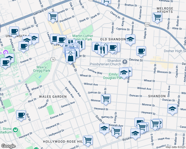 map of restaurants, bars, coffee shops, grocery stores, and more near 2309 Wheat Street in Columbia