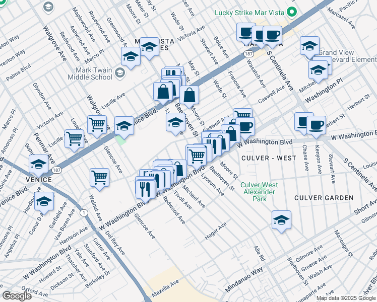 map of restaurants, bars, coffee shops, grocery stores, and more near 3933 Lyceum Avenue in Los Angeles