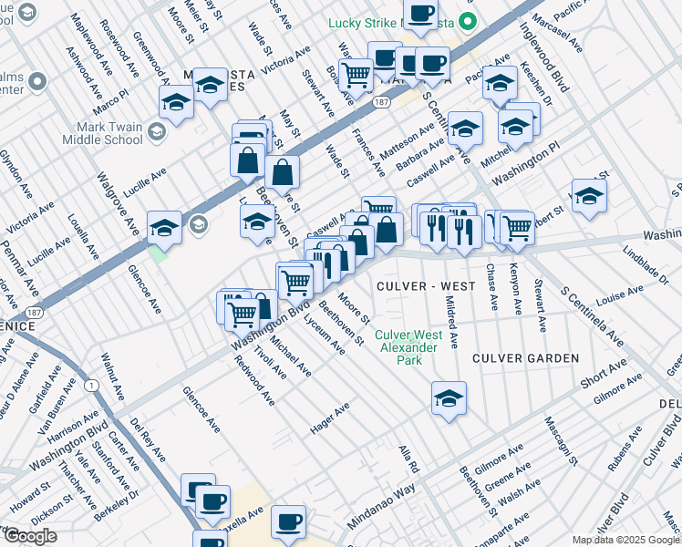 map of restaurants, bars, coffee shops, grocery stores, and more near 12813 West Washington Boulevard in Los Angeles